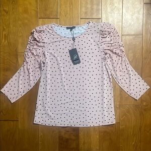 Adrianna Papell 3/4 Sleeve Pink & Black Polka Dot Women's Top Size S Office Work
